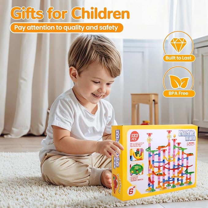 Marble Run for Kids - 133 PCS Construction Building Blocks Toys with Plastic Marbles, Maze Marble Track STEM Educational Toy, Birthday Gifts for Boys and Girls