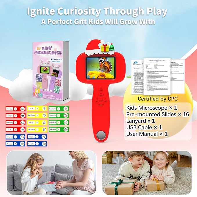 1000X Microscope for Kids with 16 Slides, 2.4" Handheld Digital Pocket Microscope, STEM Educational Science Toys for Christmas Birthday Gifts for 3+ 4 5 6 7 8 9 10 11 12 Year Old Boys Girls, Red