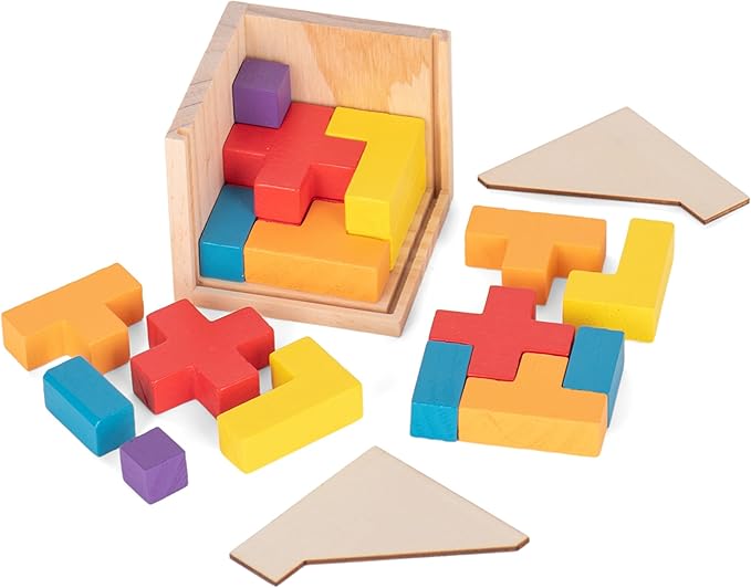Zen Fun Wooden Brain Teaser Puzzle Cube - Montessori Toy Colorful Cube Puzzle for Kids Ages 5-7 and Easy Mind Puzzle for Adults - 20 Pieces
