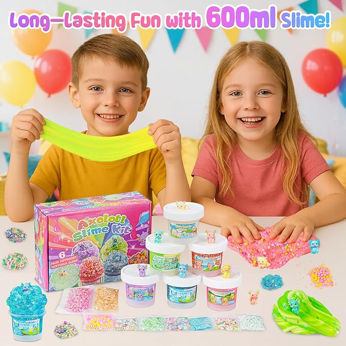 Axolotl Slime Kit 6Ć100ml (20oz Total) - Slime Variety Pack with Different Textures & Axolotl Charms, Glow in The Dark Slimes, Crunchy Slime, ASMR, Birthday Party Favor, Axolotl Fidget Toys