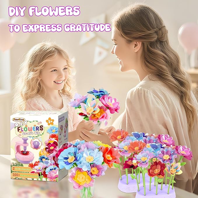 PERRYHOME Fabric Flower Bouquets Toys, 300+ Pcs DIY Flower Making Kit, 2 Gameplays Educational Arts & Crafts for Kids, Reusable Bouquets Maker Birthday Gift for 3 4 5 6 7 8 Years Toddler Girl