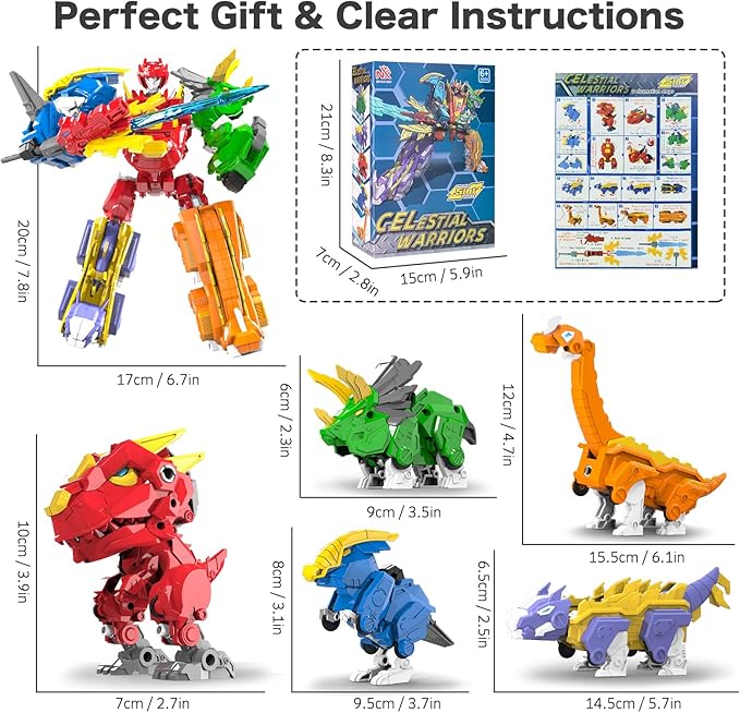5-in-1 Transforming Dinosaur Robot Toys, STEM Building Kit with Triceratops Action Figures, Safe Set for Kids Boys Girls Age 3+ Boys & Girls, Birthday for Toddlers