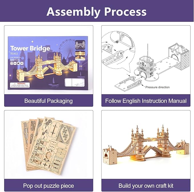 ROBOTIME 3D Puzzle Wooden Craft Kits with LED Light DIY Tower Bridge Construction Model Kit to Build for Teens Brain Teaser Puzzle Home Decor Birthday Gifts