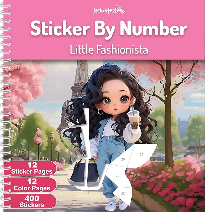 jackinthebox Sticker by Number Book, 12 Scenes Puzzle Paint by Sticker Book + Colouring Pages, Gifts for Birthday, Party Favor Toys for Girls, Arts & Crafts for Kids Age 7 8 9 10 - Little Fashionista