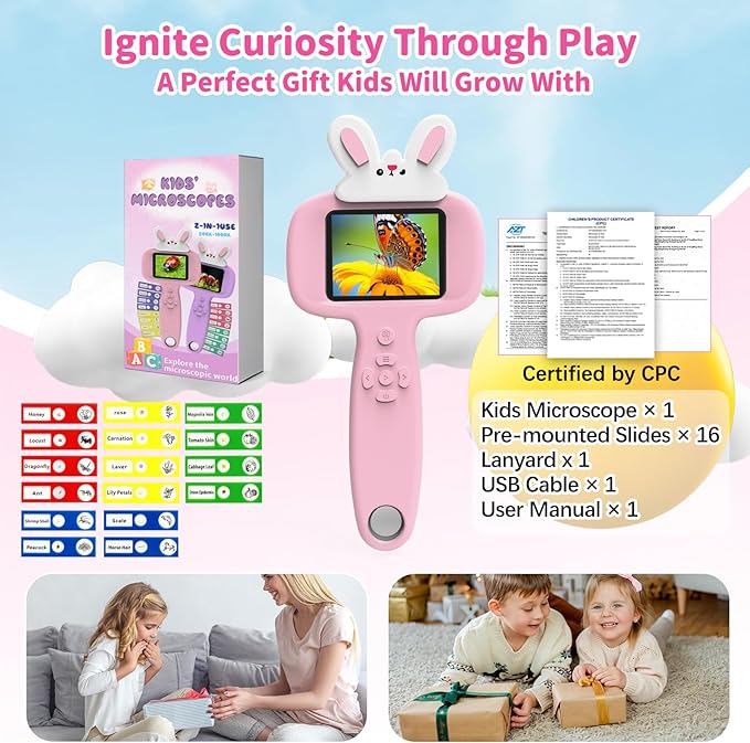 1000X Microscope for Kids with 16 Slides, 2.4" Handheld Digital Pocket Microscope, STEM Educational Science Toys for Christmas Birthday Gifts for 3+ 4 5 6 7 8 9 10 11 12 Year Old Boys Girls, Pink