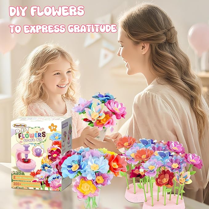 PERRYHOME Fabric Flower Bouquets Toys, 300+ Pcs DIY Flower Making Kit, 2 Gameplays Educational Arts & Crafts for Kids, Reusable Bouquets Maker Birthday Gift for 3 4 5 6 7 8 Years Toddler Girl