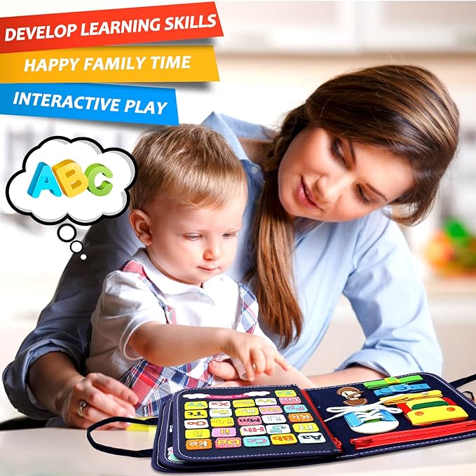 Qizfun Montessori Busy Board & Busy Book for Toddlers – Sensory & Learning Toy That Keeps Kids Busy, Travel Toy for Airplane & Car, Screen for Boys & Girls (Blue/P4)