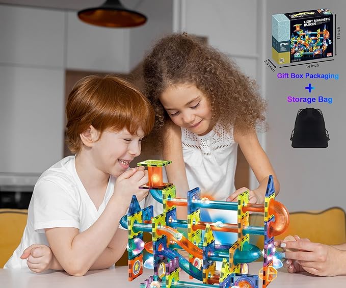 Glowing Magnetic Tiles Marble Run Race Track Super Set - 110 Complete Pieces Glow in The Dark STEM Light Magnetic Building Blocks Gravity Marble Maze Games for Toddlers Kids Boys Girls Ages 3+ Years