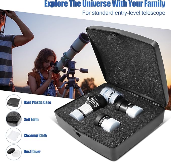 Astromania Telescope Eyepiece Set Accessory Kit for Astronomy Enthusiast Beginner, FMC 6mm Plossl 15mm Kellner Eyepiece Barlow Lens 2X with T Thread, Moon Filter 25&80A Color Filter&Sturdy Carry Case
