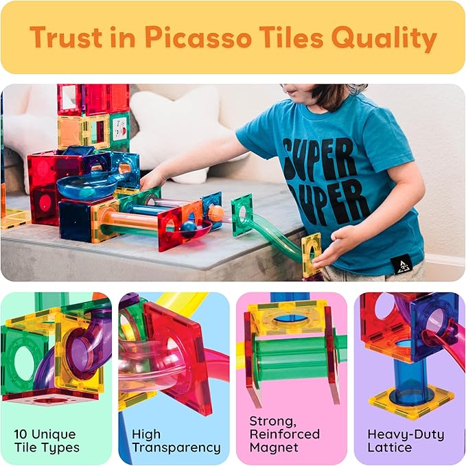 PicassoTiles 70pc Marble Run Magnetic Tiles STEM Set for Kids Ages 3 and Older Magnet Tile Marbles Maze Building Blocks Brain Development Toy Preschool Educational Learning Construction Playset PTG70