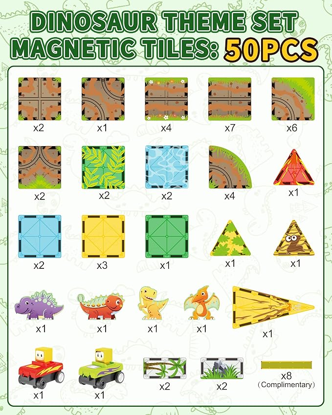 Double-Sided Magnetic Tiles with Sliding Tracks Dinosaur Toys, 50Pcs with Cars for Kids 3 4 5 6 7 8 Magnetic Building Toddler Toys, STEM Preschool Educational Magnet for Boys Girls