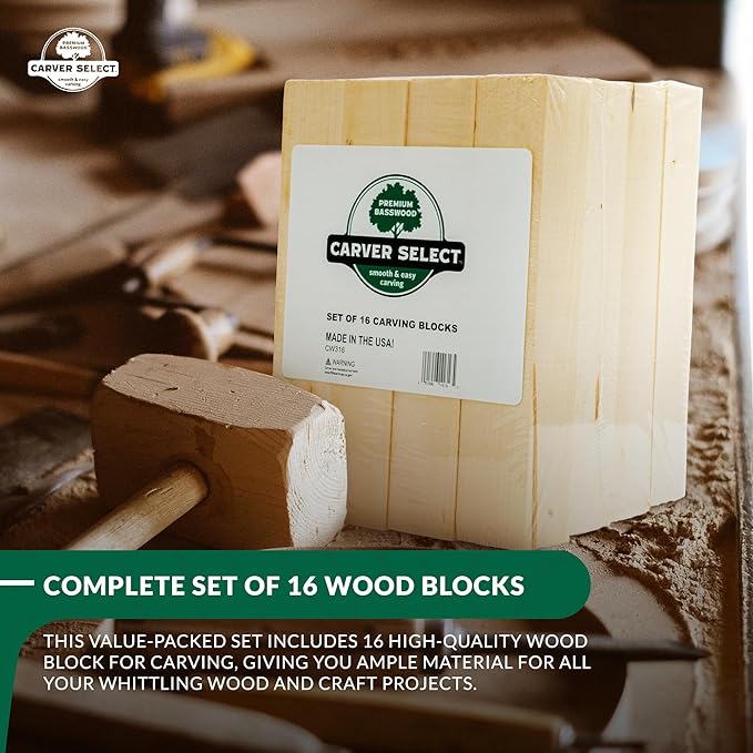 Basswood Carving Blocks Set of 16 – Wood Carving Kit with Premium Bass Blocks – for Crafts & Whittling – Ideal for Beginners & Professionals