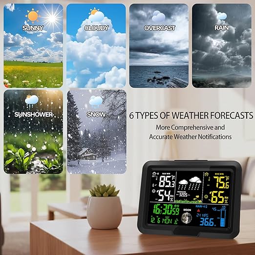 Digital Wireless Rain Gauge Outdoor, Home Weather Station Wireless Indoor Outdoor with Self-Emptying Rain Gauge, Thermometer, Barometer, Hygrometer, Atomic Clock, Weather Forecast and Alerts