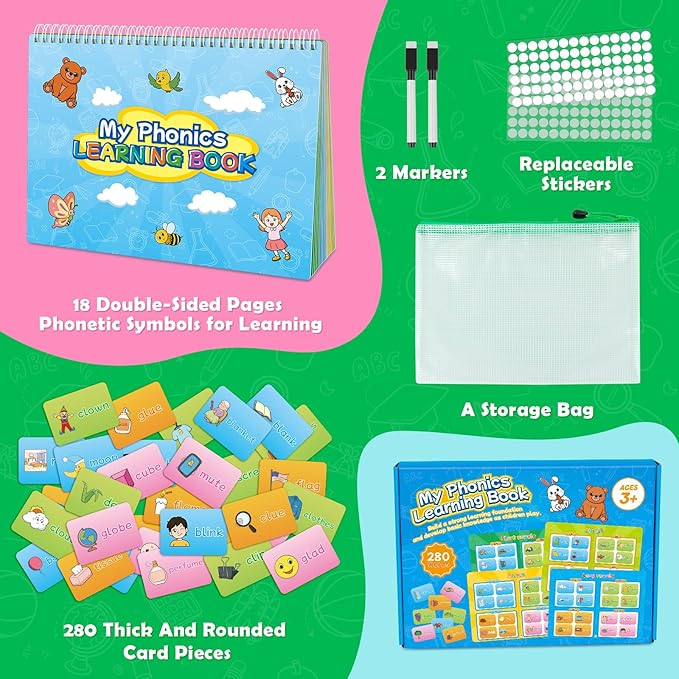 Phonics Busy Book for Toddlers, Phonics Games Sticker Activity Book, Preschool Learning Activities, Sight Word Flash Cards, Reading & Spelling Games for Kids Ages 3-6, Homeschool Supplies