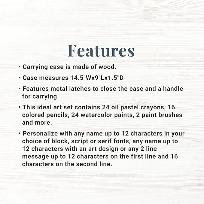 Let's Make Memories Personalized 80-Piece Deluxe Art Set - for Kids - Wood Carrying Case - Oil Crayons, Colored Pencils, Watercolors - Arts & Crafts - Customize with Name - Script Font