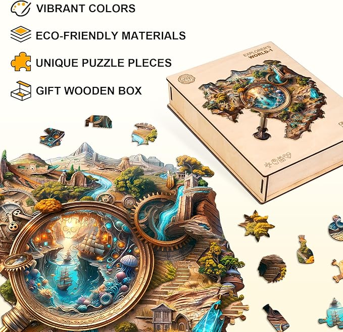 Wooden Puzzles for Adults 160 Pices, Explorer's World 3D Puzzles for Adults, Unique Shape Explorer's World Irregular Jigsaw Puzzles, 3D Visual Flat Puzzels, Size is 11.4 x 11.2in