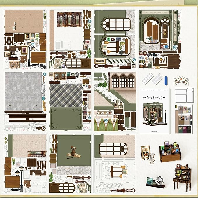 Fsolis Book Nook Kit - DIY Miniature House Kit for Adults Mini House Tiny 3D Puzzles for Bookshelf Diorama Decor Gifts for Women Teenagers Book Lovers (Gallery Bookstore)