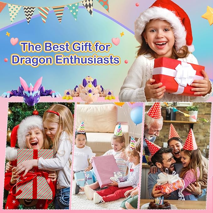3D Printed Dragon Easter Cookie Dragon and Multicolor Crystal Dragon, Articulated Fidget Toys for Autism and ADHD, Perfect Basket Essentials Stuffers and Desk Accessories