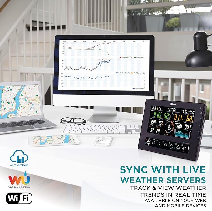 Logia 7-in-1 Wi-Fi Wireless Weather Station with 10-Day / 24 Hour Forecast, Solar & Large 8" Color Display | Measures Wind Speed/Direction, Rainfall, UV Index, Light Intensity, Temperature & Humidity