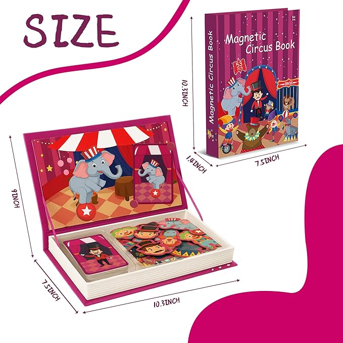 Circus Magnetic Puzzle Book for Toddlers, 37PCS Montessori Travel Set with 16 Activity Cards - Airplane Essentials for Kids Road Trip Game, Interactive Magnet Board for Boys Girls Ages 3+