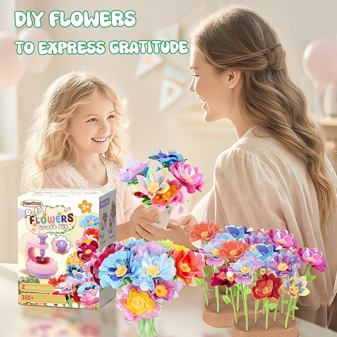 PERRYHOME Fabric Flower Bouquets Toys, 300+ Pcs DIY Flower Making Kit, 2 Gameplays Educational Arts & Crafts for Kids, Reusable Bouquets Maker Birthday Gift for 3 4 5 6 7 8 Years Toddler Girl