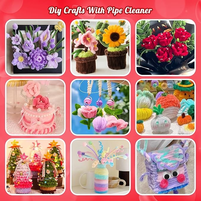 500 Pcs Pipe Cleaners Craft for Flowers, Pastel Chenille Stems for DIY Art Projects Creative Gift(6 Colors), Pipe Cleaner Flower Kit with Floral Stems, Gardening Tape,Stamen& Pearls (Rose Flower)