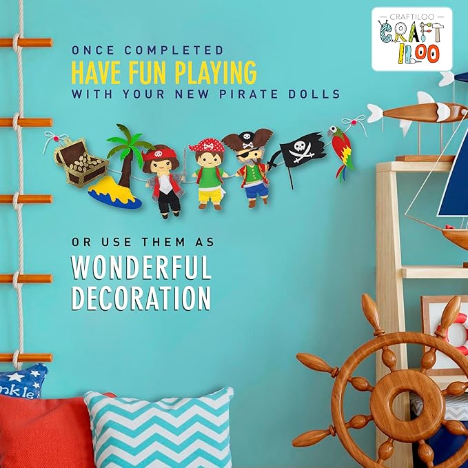 Pirates Pre-Cut Fun Kids Sewing Kit for Kids Ages 8-12 Children Beginners Sewing kit Kid Crafts Make Your Own Felt Pillow Plush Craft Kit Girls and Boys Art Craft Kits Learn to Sew Kit