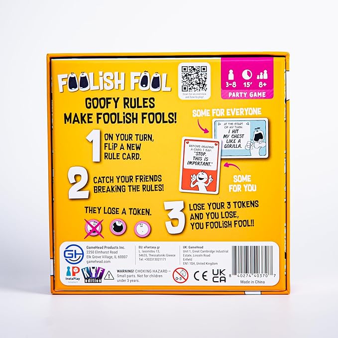 GameHead Foolish Fool, The Goofy Rule Party Game for Families and Parties, Ages 8+, 3-8 Players, Fast Paced 15 Minute Play Time, Fun and Travel Friendly