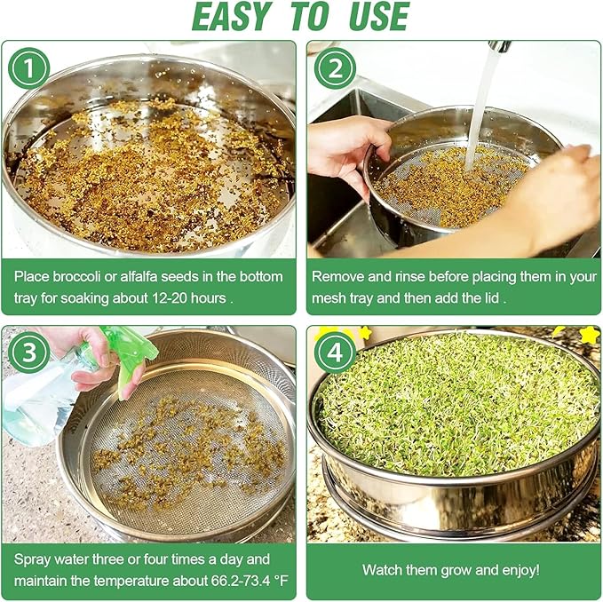 Stainless Steel Seed Sprouting Kit - 4-tier Microgreens Growing Tray 6in Dia, Stackable Round Seed Sprouter Maker with Encrypted Mesh, Sprouts Grower for Beans Broccoli Alfalfa Seeds Wheat Grass