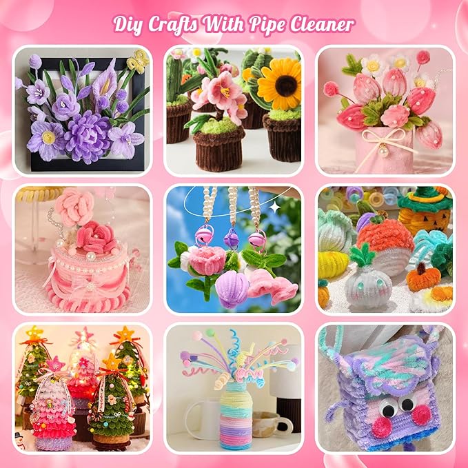 500 Pcs Pink Pipe Cleaners Craft for Flowers, Pastel Chenille Stems for DIY Art Projects Creative Gift(5 Colors), Pipe Cleaner Flower Kit with Floral Stems, Gardening Tape,Stamen& Pearls (Tulip)