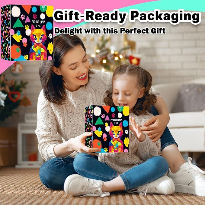 FUNZBO 3pcs Paint Your Own Cat Lamp Kit - Arts and Crafts Supplies Kitten Painting Kits for Kid Teen, DIY Night Light Toy for Toddlers Girl Boy Age 3 4 5 6 7 8 9 10 11 12 13 Christmas Birthday Gifts