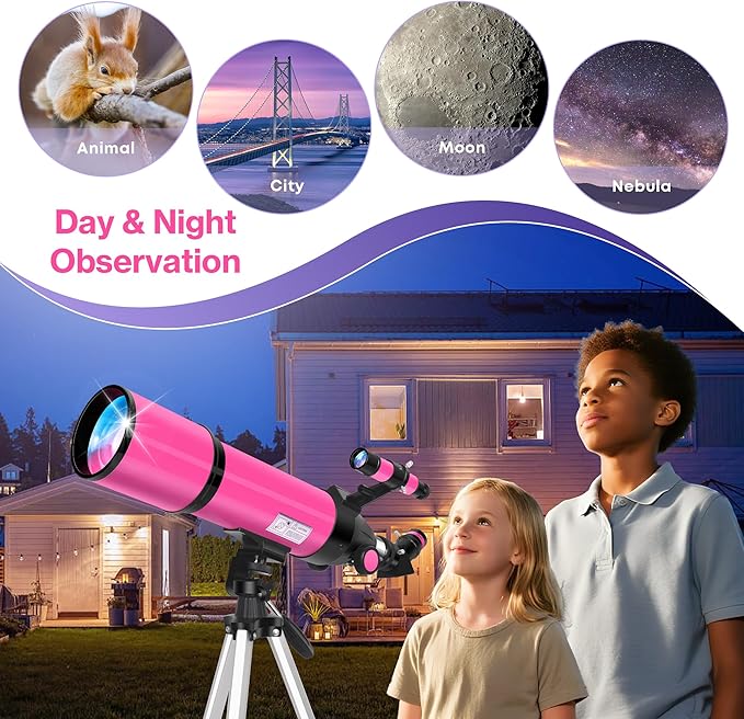 Telescope for Adults High Powered, 80mm Aperture 600mm Telescopes for Astronomy Adults&Kids&Beginners, Portable Travel Refractor Telescope with Tripod&Phone Adapter&Bag for Ground&Moon Viewing, Pink