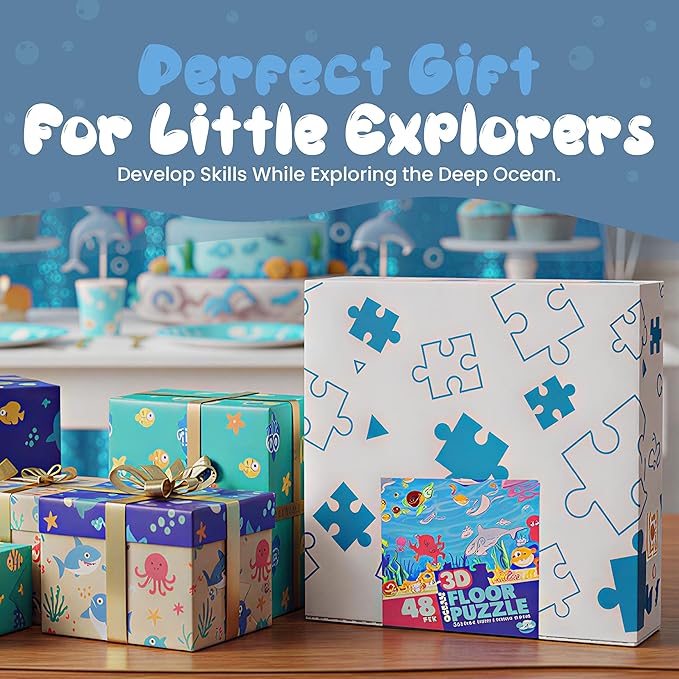 Jumbo 3D Ocean Floor Puzzle for Kids โ Includes 7 Stand-Up Sea Animals - 48 pc Jumbo Jigsaw Puzzle | Educational Screen Free Activity for Toddler, Preschoolers and Kids Ages 3+ (2 x 3 Feet)
