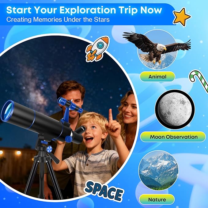 Hawkko Telescope for Adults & Beginners, 80mm Aperture 500mm Telescopes for Adults Astronomy, (20X-150X) Portable Refractor Telescope Kit with Decorate Stickers, Backpack, Phone Adapter - BlackBlue