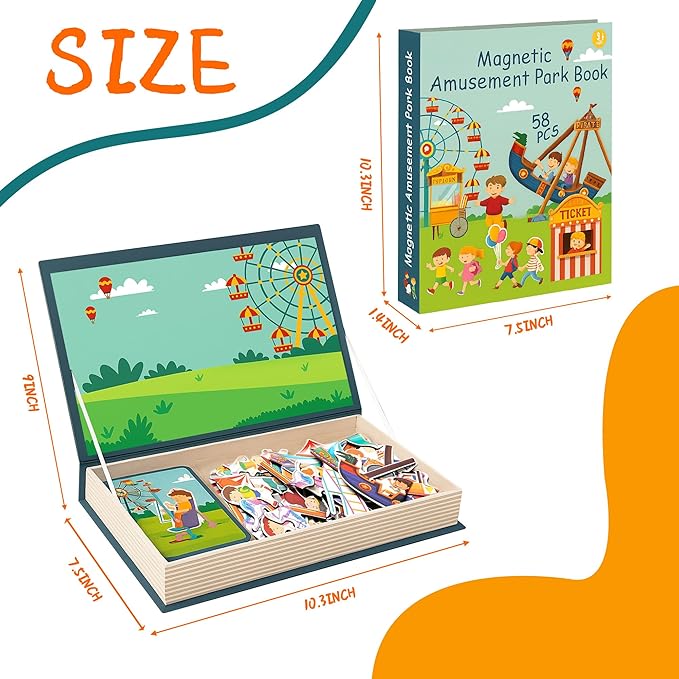 Magnet Toys Amusement Park Magnetic Jigsaw Puzzle for Toddlers, Montessori Quiet Travel Busy Book with 42 Magnets & 16 Activity Cards - Educational Carnival Airplane Toy Ages 3+