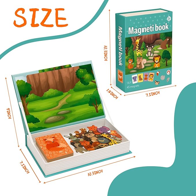 Animal Magnetic Busy Book for Toddlers, Montessori Quiet Travel Toy with 45 Magnets & 14 Activity Cards - Magnet Puzzles Airplane Toys for Kids Ages 3+, Educational Preschool Learning Game