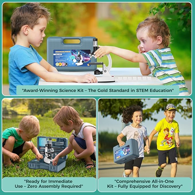 USCAMEL Kids Microscope Science Kit - 1200X Microscope for Kids 8-12 with Prepared Slides Metal Body LED Light Carrying Box Educational Compound Toy Set for Children Ages 5 Year Old Boys & Girls Gift