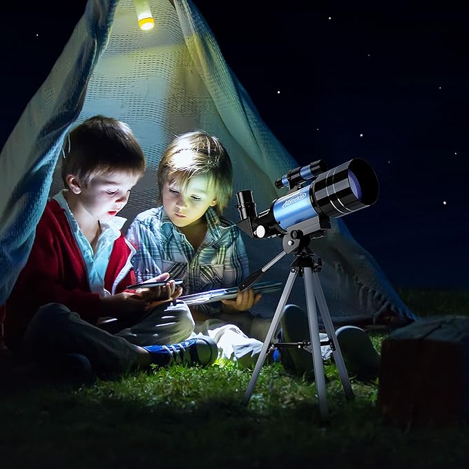 AOMEKIE Telescopes,70mm Aperture 300mm Table Tripod, Astronomical for Beginners,2 Eyepieces 150X with Smartphone Adapter Moon Filter 3X Barlow