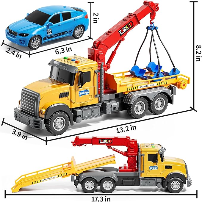 Kids Toys for 3 4 5 6 7 Years Old Boys, Tow Truck Toy,Friction Powered Transport Truck Crane Vehicle Toy with Lights and Sounds,Birthday Gifts for Boys Girls