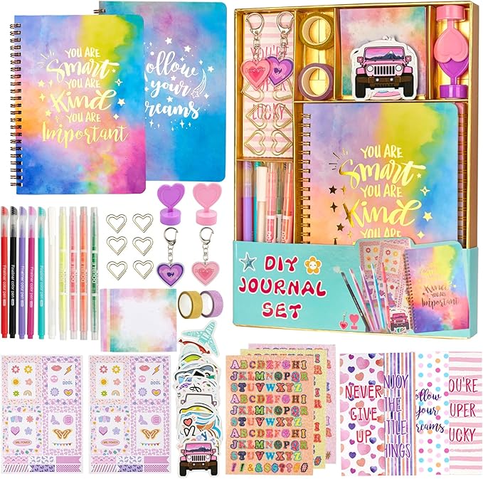 DIY Journal Kit for Girls - 2PC Stocking Stuffers for Teen Girls, Stationary & Diary Set, Christmas Birthday Gifts for 8 9 10 11 12 13 14 Year Old Girls, Scrapbook Supplies Art and Crafts Toy Kit