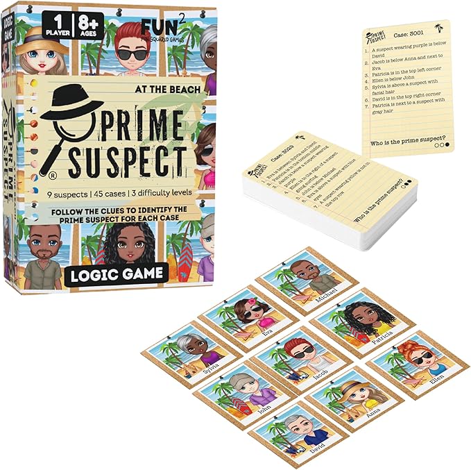 Prime Suspect: at The Beach – Logic Deduction Puzzle Game with 45 Case Cards | Single or Cooperative Play | Ages 8+ | Compact Travel Brain Teaser for Kids, Teens & Adults