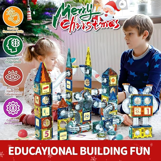 Motorized Marble Run Set – 107-Piece Magnetic Tile Building Toy with Ferris Wheel & Elevator, STEM Marble Maze Game for Kids Ages 6-12, Educational Gift with Lights & Music
