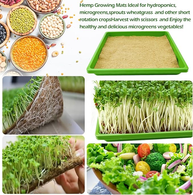 6Set Microgreens Growing Mat with Tray, Microgreen Growing Kit 10″×10″ Wheatgrass Seed Sprouting Starter Mat Hemp Fiber Grow Hydroponic Jute Pad Indoor Organic Production for Germination Sprouts(G)