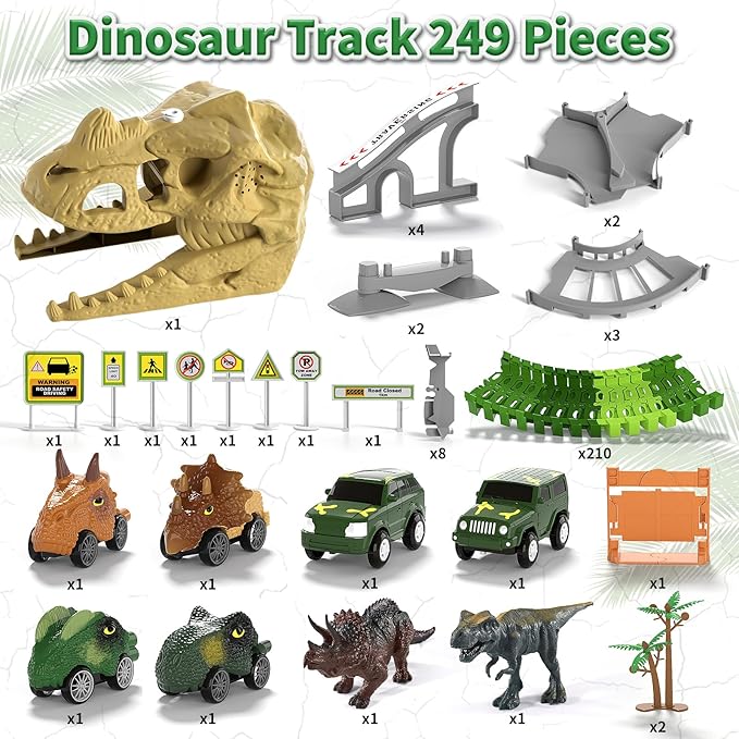 iHaHa 249 PCS Dinosaur Toys Race Car Track, Toys for Kids Toddler Boys Ages 2-4 3-5 4-6, Kids Race Tracks with Light, Sound & Spray, Birthday Dinosaur Gifts for 2 3 4 5 Year Old Boys