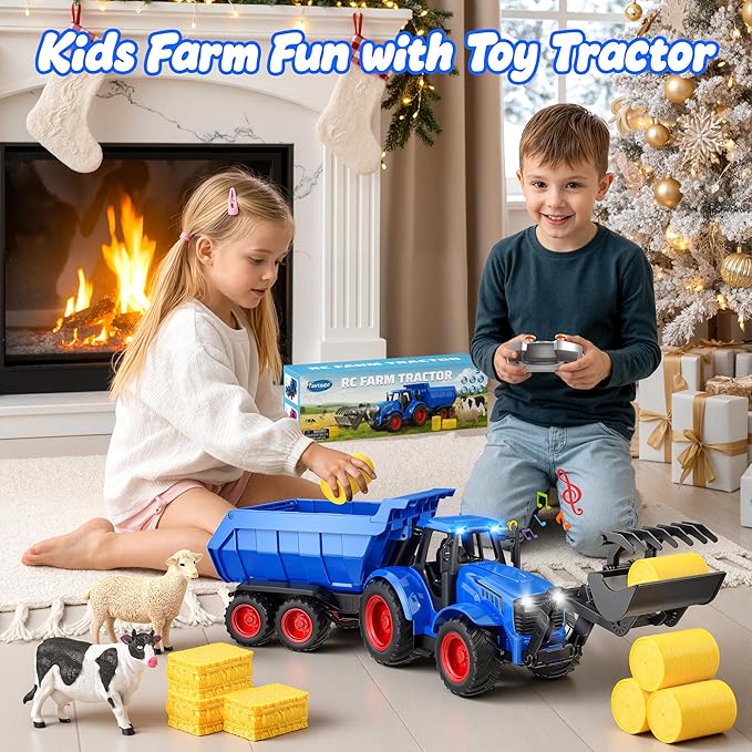 Funwee RC Tractor Toy Set with Light & Sound, Kids Farm Car Animal Trailer Wheels Remote Truck, Outdoor Vehicle Toys Birthday Gift Idea for 3 4 5 6 7+ Years Old Toddler Boys and Girls(Blue)