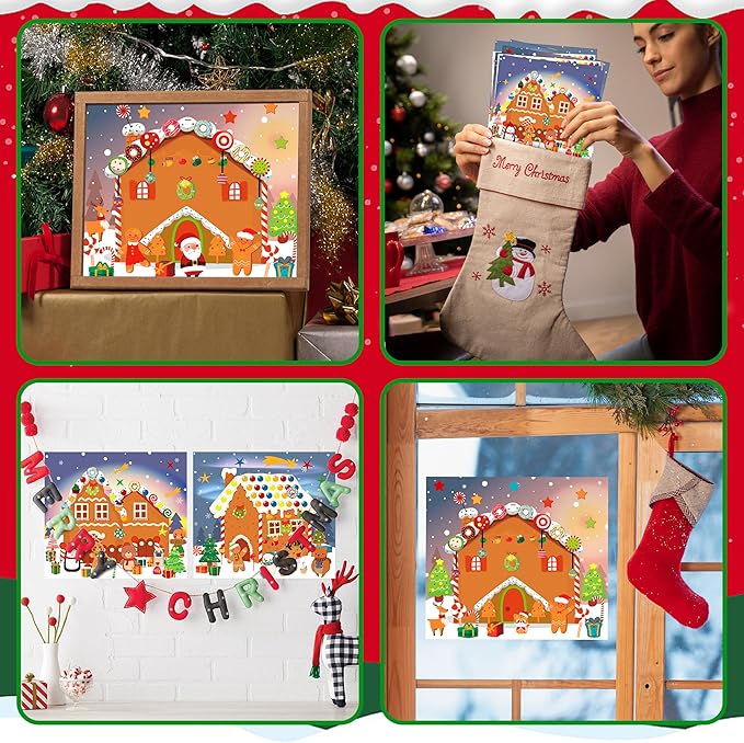 LINAYE 48PCS Make A Gingerbread House Stickers, Christmas Crafts for Kids Toddlers, Gingerbread House Craft Stickers, Christmas Activities Games for Kids Party Favors, 24 Finished Products