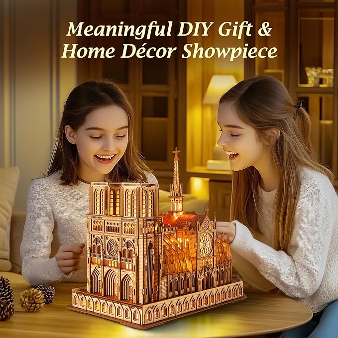LED 3D Wood Puzzle - Notre Dame de Paris Architecture Model-Night Edition with LED Lighting- DIY Building Model Craft Kit, Architecture Building Set