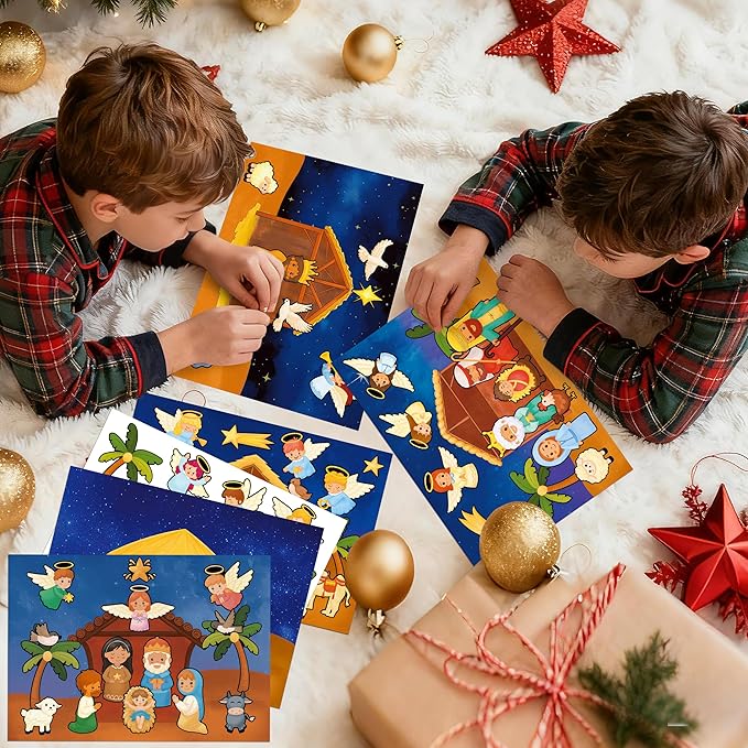 LINAYE 48 Sheets Nativity Scene Stickers, Religious Christian Christmas Stickers Nativity Crafts for Kids School Classroom, Christmas Activities Games for Kids Party Favors 24 Finished Products