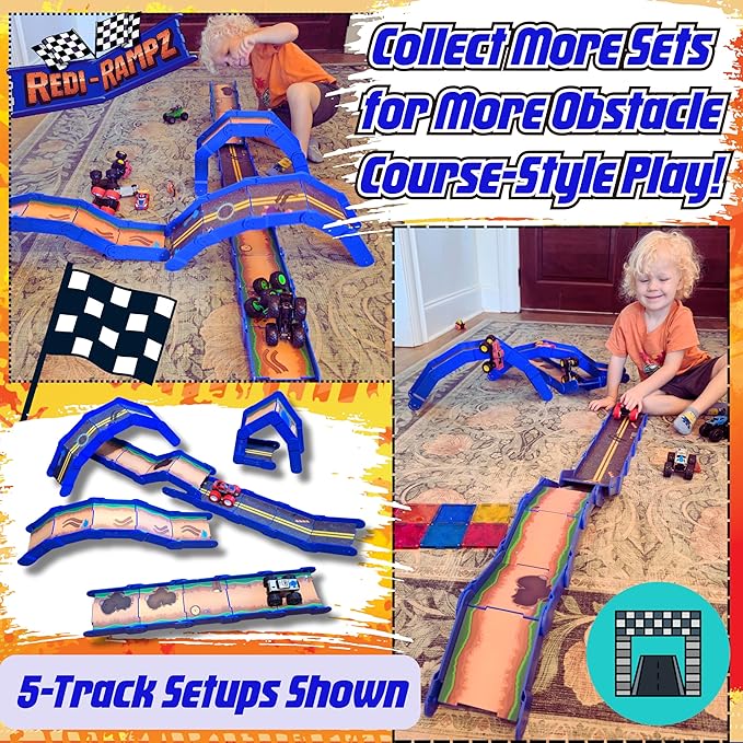 STEM Ramp Builder Set by Redi-Rampz–10 Modular Track Pieces with Adjustable Angles + 2 Monster Trucks | Build Custom Ramps, Bridges & Jumps (Ages 3+, No Batteries, Fits 1:64 Vehicles)