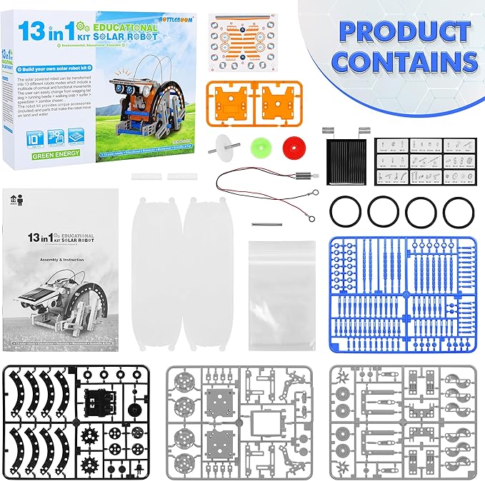 Bottleboom STEM 13-in-1 Education Solar Power Robots Toys for Boys Age 8-12, Educational Toy Science Kits for Kids Experiment Robotics Set Birthday Gifts for 8 9 10 11 12 Years Old